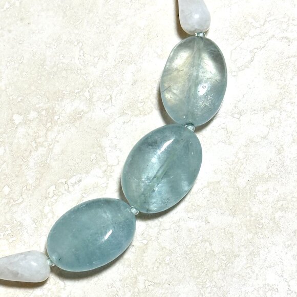 Genuine Blue Aquamarine & Rainbow Moonstone Bracelet, Beaded Gemstone Bracelet - Picture 3 of 10